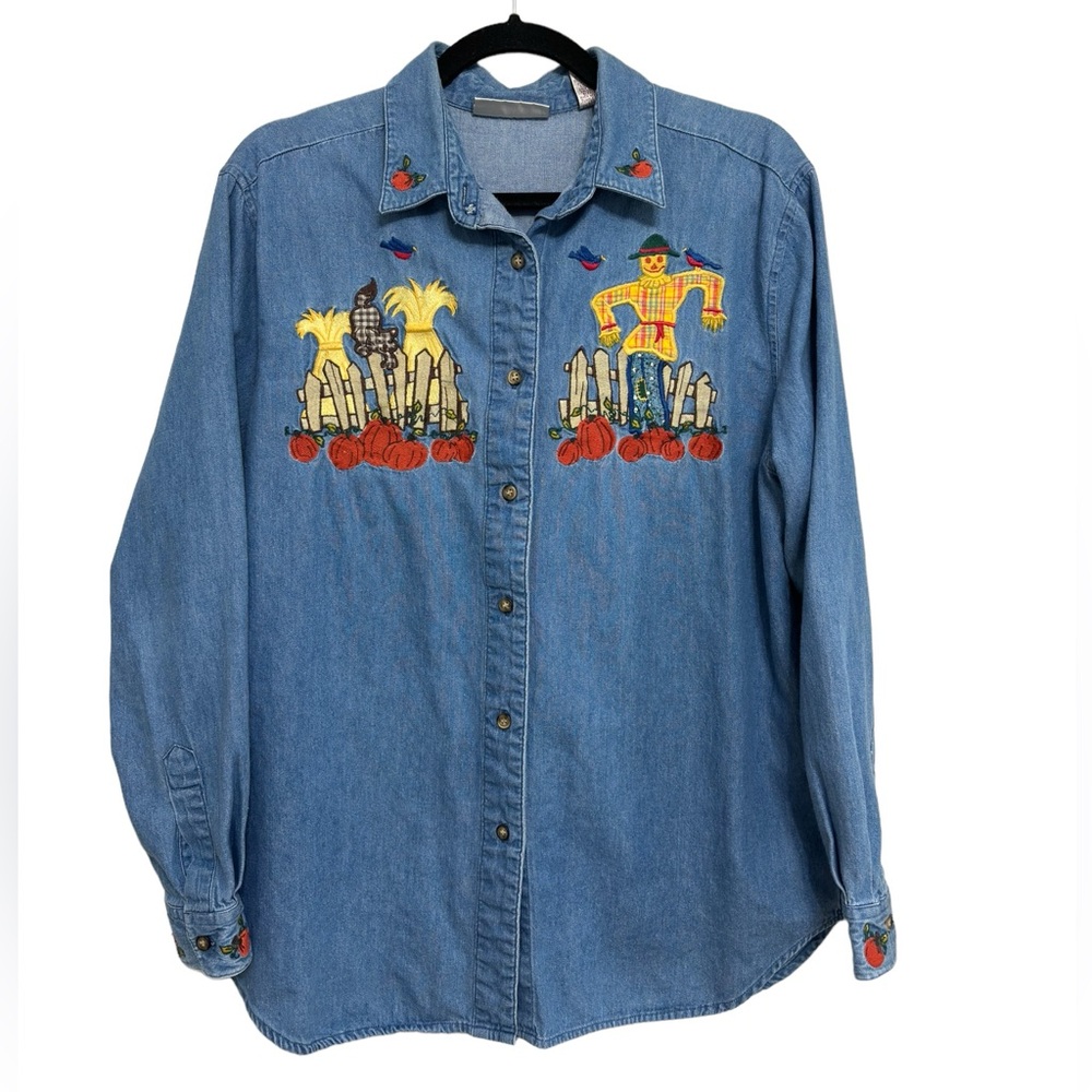 American Vintage Denim Button-Down Shirt with Fall Embroidery